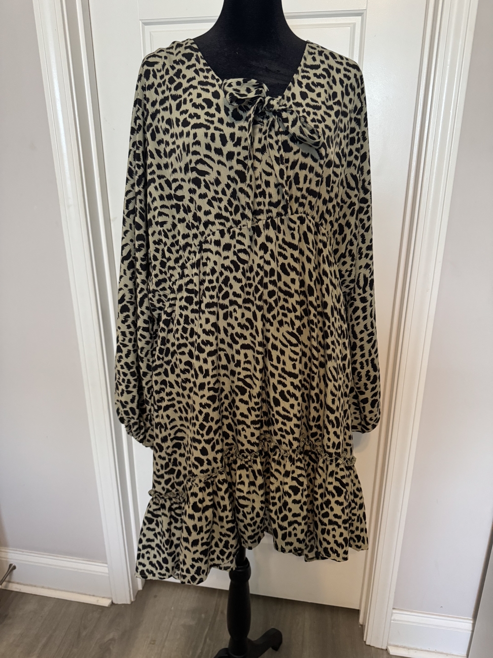Plus Size Umgee Black on Olive Leopard Tie-Neck Tunic